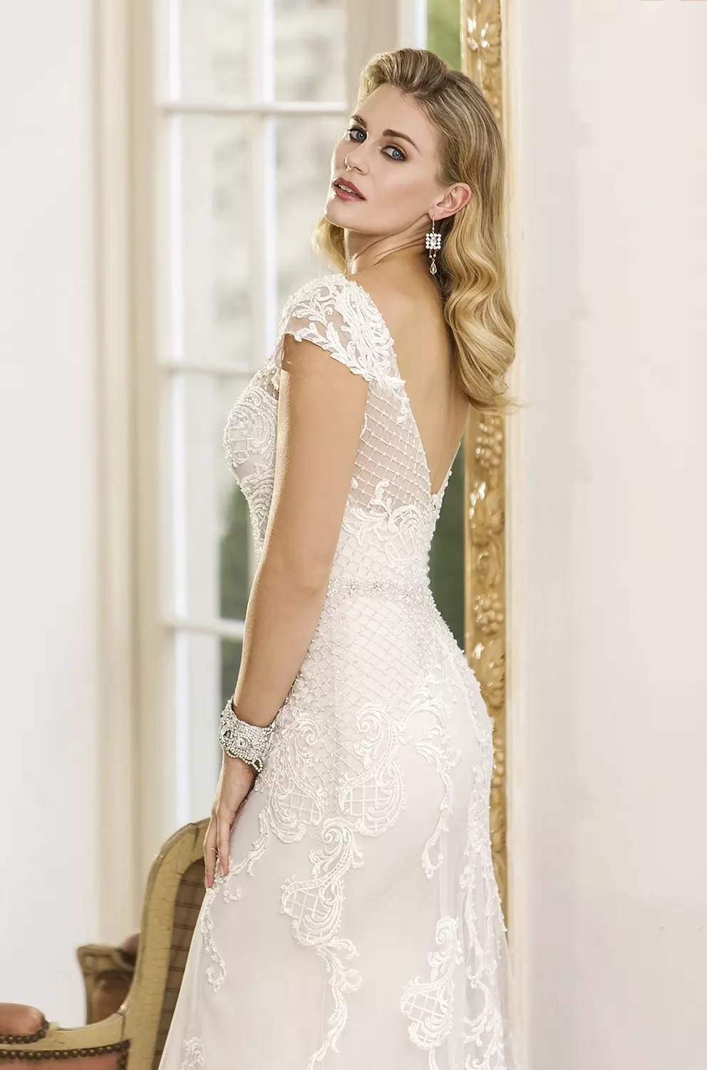 W297 Beaded Lace Appliqué Wedding Gown With Cap Sleeves True Bride 0656